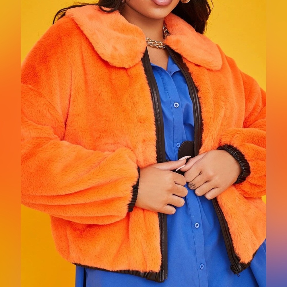 Plus Orange Faux Fur Zip Up Jacket